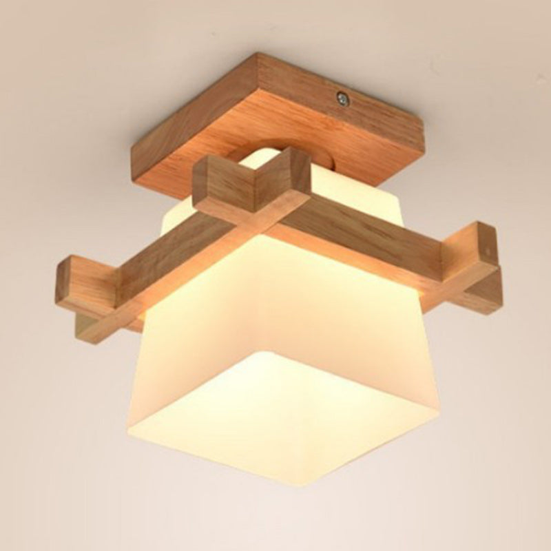 Contemporary Scandinavian Square Wood Glass 1-Light Semi-Flush Mount Ceiling Light For Dining Room