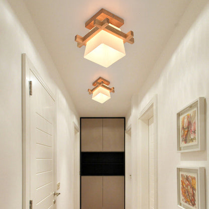 Contemporary Scandinavian Square Wood Glass 1-Light Semi-Flush Mount Ceiling Light For Dining Room