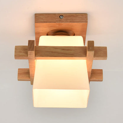 Contemporary Scandinavian Square Wood Glass 1-Light Semi-Flush Mount Ceiling Light For Dining Room