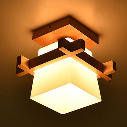 Contemporary Scandinavian Square Wood Glass 1-Light Semi-Flush Mount Ceiling Light For Dining Room