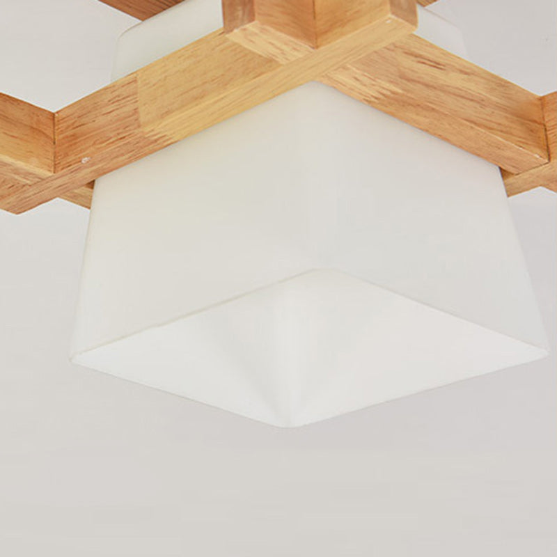Contemporary Scandinavian Square Wood Glass 1-Light Semi-Flush Mount Ceiling Light For Dining Room