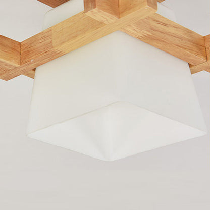 Contemporary Scandinavian Square Wood Glass 1-Light Semi-Flush Mount Ceiling Light For Dining Room