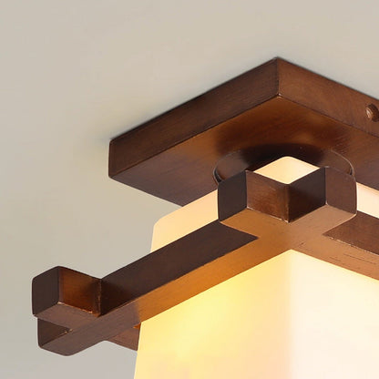 Contemporary Scandinavian Square Wood Glass 1-Light Semi-Flush Mount Ceiling Light For Dining Room