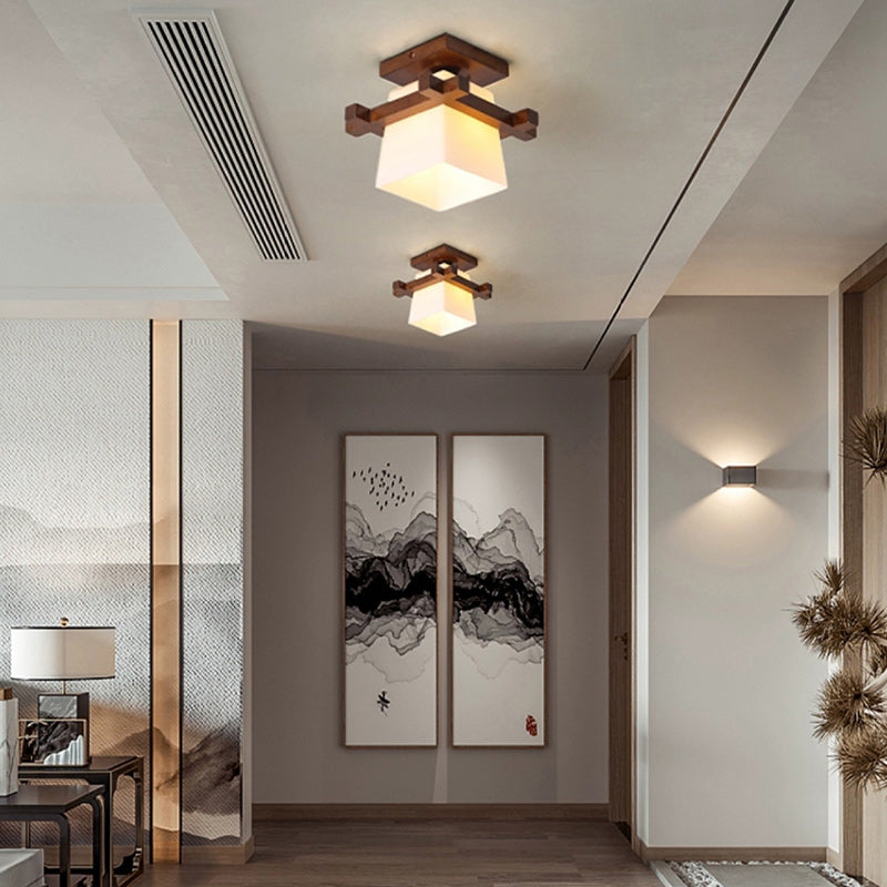 Contemporary Scandinavian Square Wood Glass 1-Light Semi-Flush Mount Ceiling Light For Dining Room