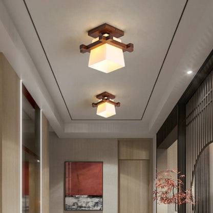 Contemporary Scandinavian Square Wood Glass 1-Light Semi-Flush Mount Ceiling Light For Dining Room