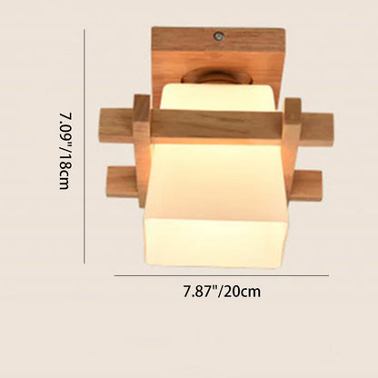 Contemporary Scandinavian Square Wood Glass 1-Light Semi-Flush Mount Ceiling Light For Dining Room
