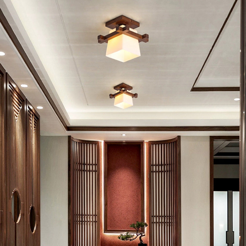 Contemporary Scandinavian Square Wood Glass 1-Light Semi-Flush Mount Ceiling Light For Dining Room