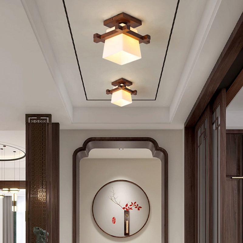 Contemporary Scandinavian Square Wood Glass 1-Light Semi-Flush Mount Ceiling Light For Dining Room