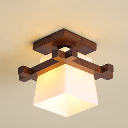 Contemporary Scandinavian Square Wood Glass 1-Light Semi-Flush Mount Ceiling Light For Dining Room