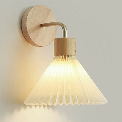 Contemporary Nordic Cone Iron Wood Fabric 1-Light Wall Sconce Lamp For Living Room