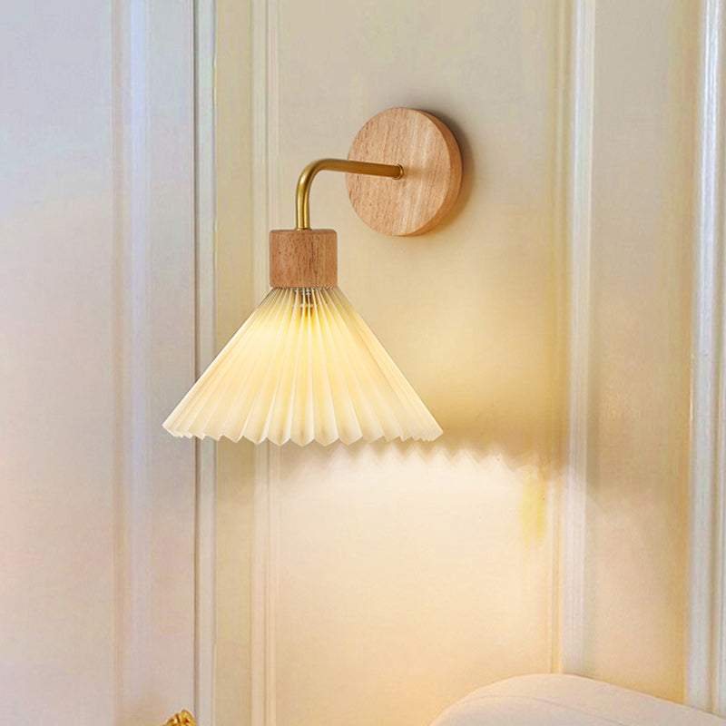 Contemporary Nordic Cone Iron Wood Fabric 1-Light Wall Sconce Lamp For Living Room
