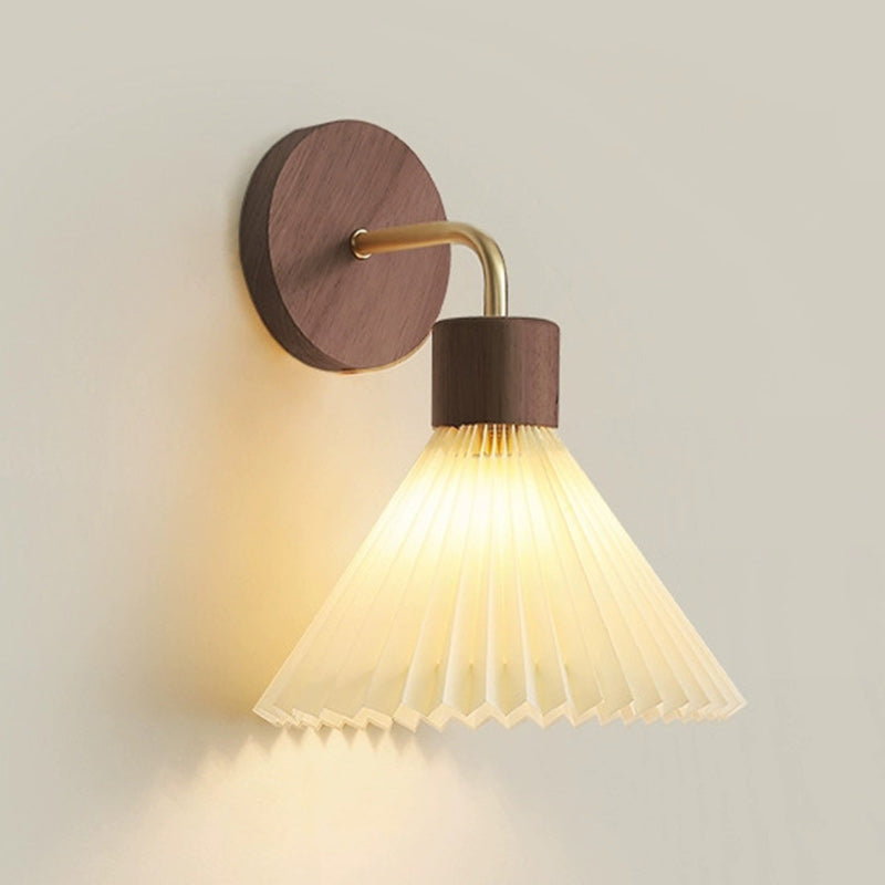 Contemporary Nordic Cone Iron Wood Fabric 1-Light Wall Sconce Lamp For Living Room