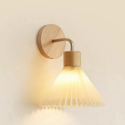 Contemporary Nordic Cone Iron Wood Fabric 1-Light Wall Sconce Lamp For Living Room