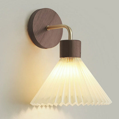 Contemporary Nordic Cone Iron Wood Fabric 1-Light Wall Sconce Lamp For Living Room