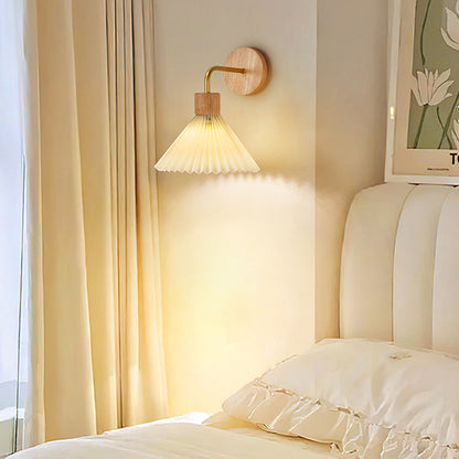 Contemporary Nordic Cone Iron Wood Fabric 1-Light Wall Sconce Lamp For Living Room