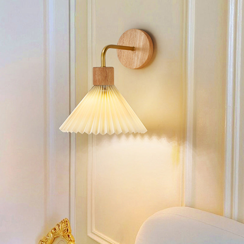 Contemporary Nordic Cone Iron Wood Fabric 1-Light Wall Sconce Lamp For Living Room
