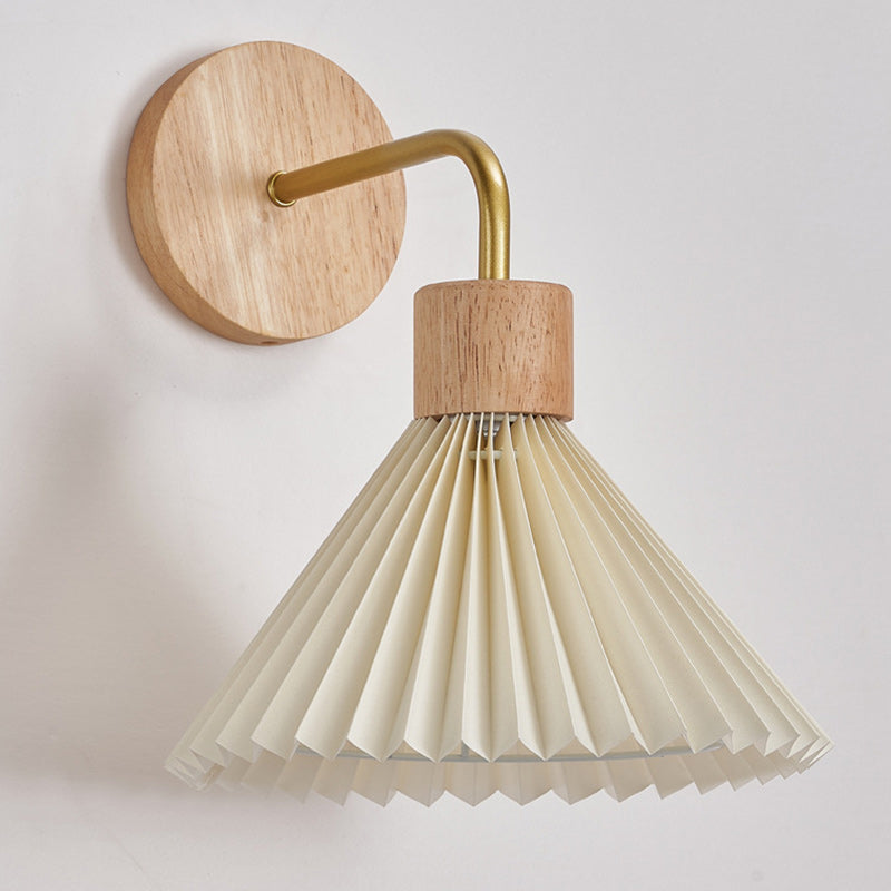 Contemporary Nordic Cone Iron Wood Fabric 1-Light Wall Sconce Lamp For Living Room