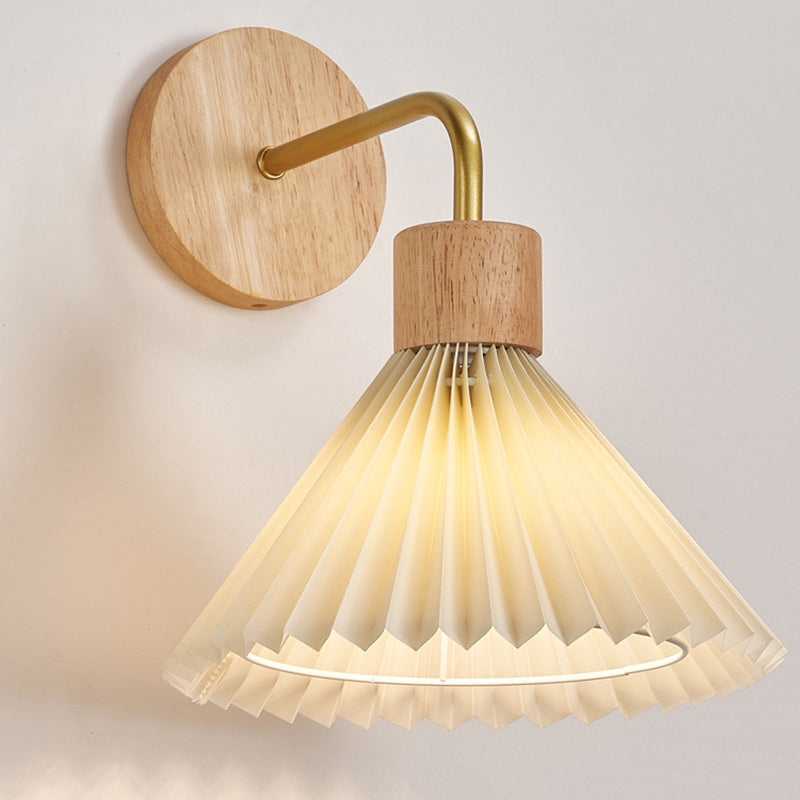 Contemporary Nordic Cone Iron Wood Fabric 1-Light Wall Sconce Lamp For Living Room