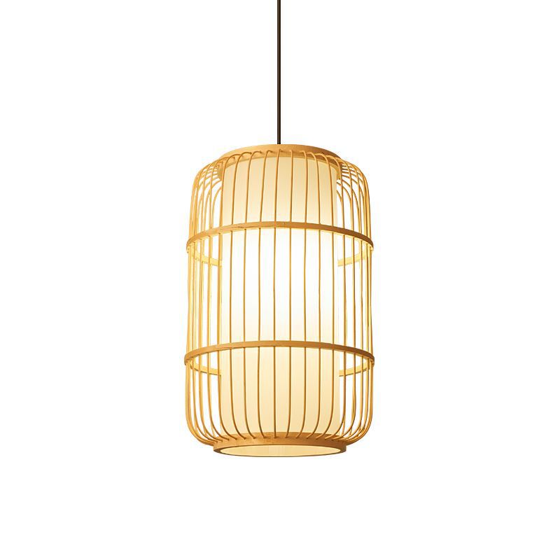 Traditional Chinese Column Iron Bamboo Paper 1-Light Pendant Light For Living Room
