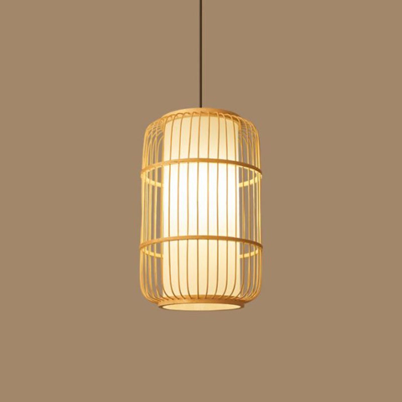 Traditional Chinese Column Iron Bamboo Paper 1-Light Pendant Light For Living Room
