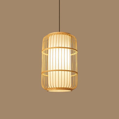 Traditional Chinese Column Iron Bamboo Paper 1-Light Pendant Light For Living Room