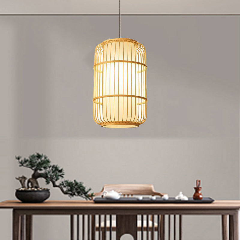 Traditional Chinese Column Iron Bamboo Paper 1-Light Pendant Light For Living Room