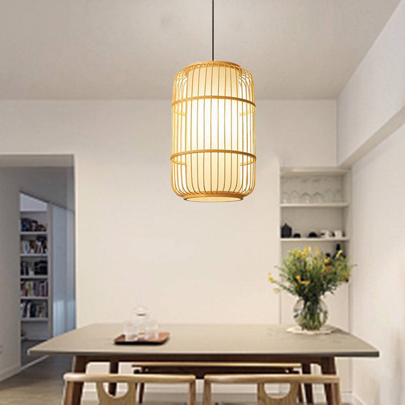 Traditional Chinese Column Iron Bamboo Paper 1-Light Pendant Light For Living Room
