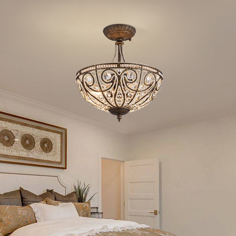 Traditional Vintage Round Iron Crystal 3-Light Chandelier For Living Room