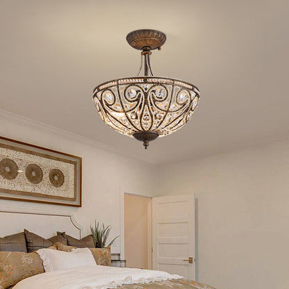 Traditional Vintage Round Iron Crystal 3-Light Chandelier For Living Room