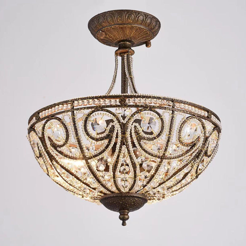Traditional Vintage Round Iron Crystal 3-Light Chandelier For Living Room