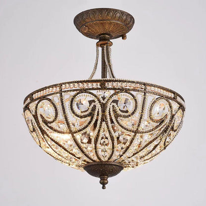 Traditional Vintage Round Iron Crystal 3-Light Chandelier For Living Room