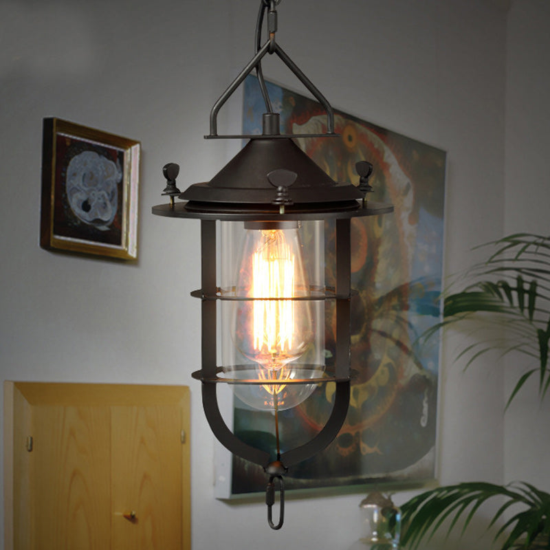 Traditional Rustic Cylinder Iron Glass 1-Light Pendant Light For Living Room