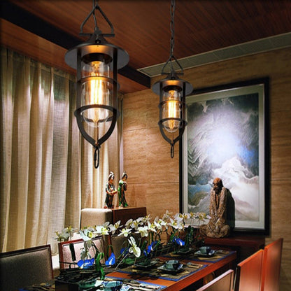 Traditional Rustic Cylinder Iron Glass 1-Light Pendant Light For Living Room