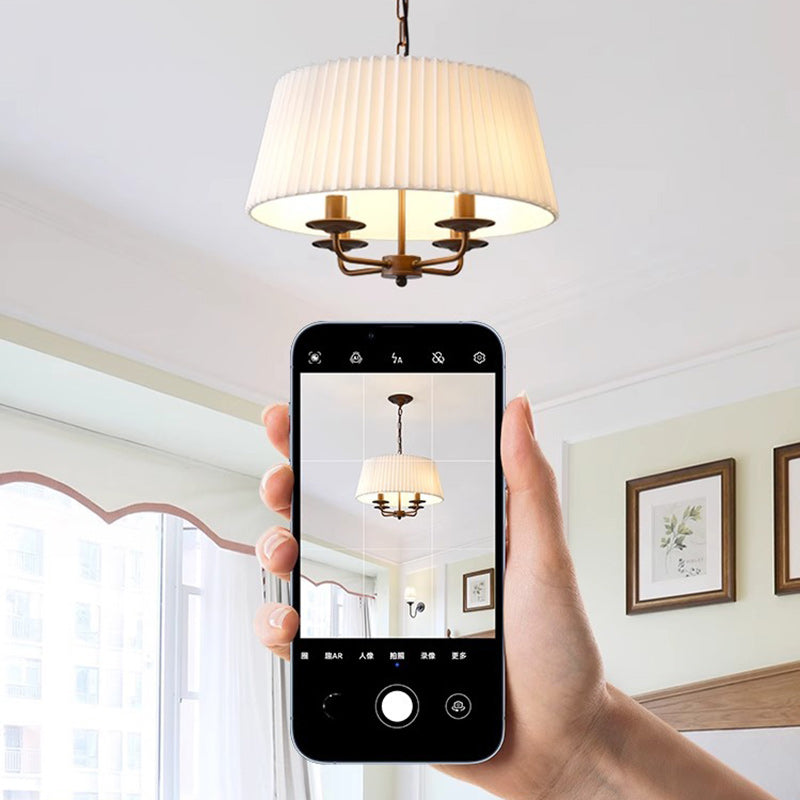 Traditional Vintage Drum Iron Fabric 4-Light Chandeliers For Living Room