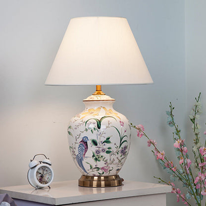 Traditional Chinese Drum Copper Ceramic Fabric 1-Light Table Lamp For Living Room