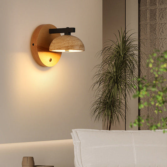 Traditional Japanese Dome Iron Wood Stone LED Wall Sconce Lamp For Living Room