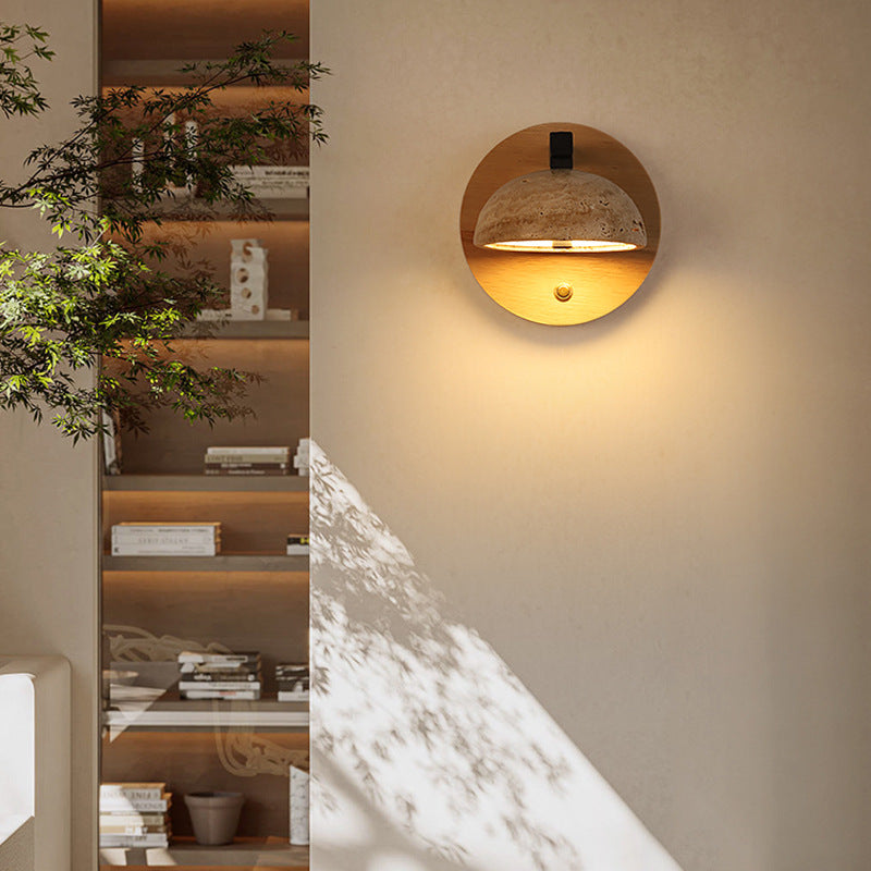 Traditional Japanese Dome Iron Wood Stone LED Wall Sconce Lamp For Living Room