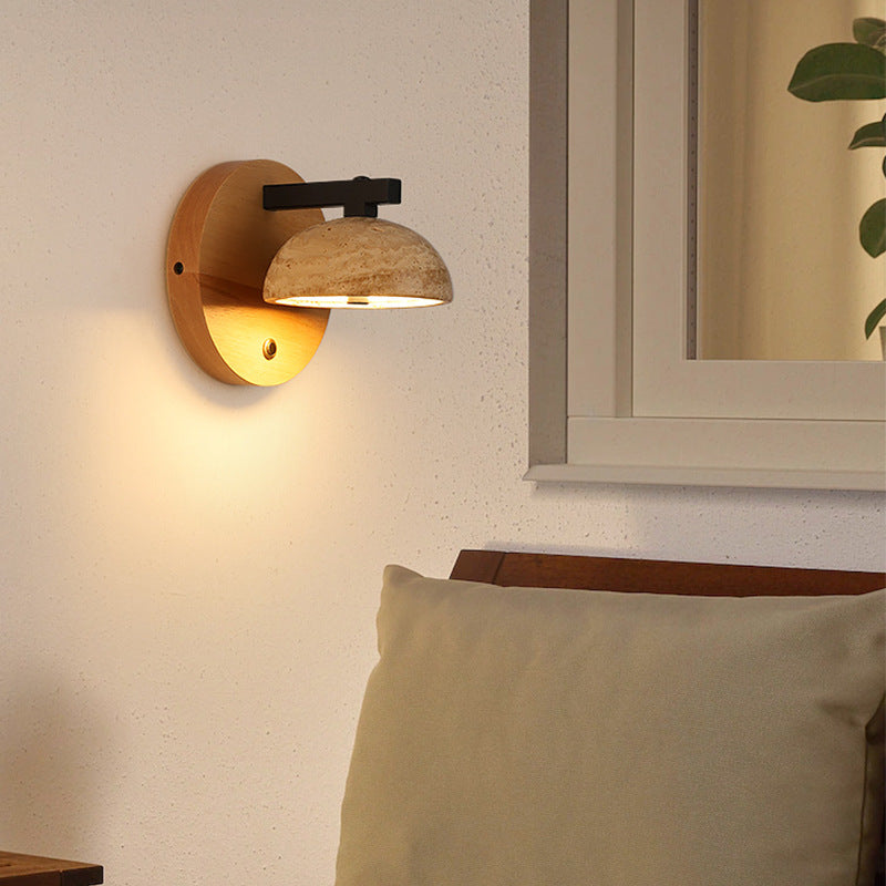 Traditional Japanese Dome Iron Wood Stone LED Wall Sconce Lamp For Living Room