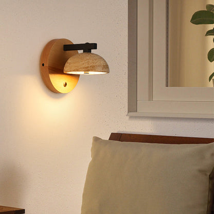 Traditional Japanese Dome Iron Wood Stone LED Wall Sconce Lamp For Living Room