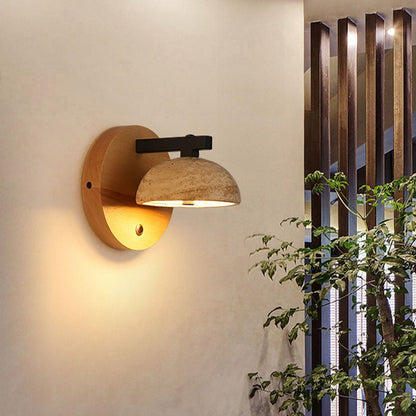 Traditional Japanese Dome Iron Wood Stone LED Wall Sconce Lamp For Living Room