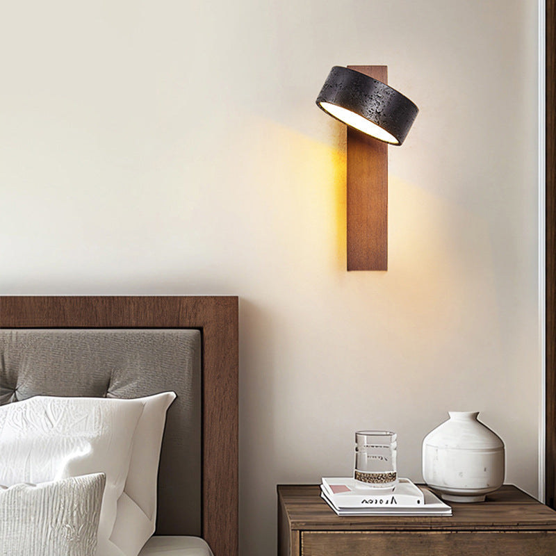 Traditional French Cylinder Wood Stone LED Wall Sconce Lamp For Living Room