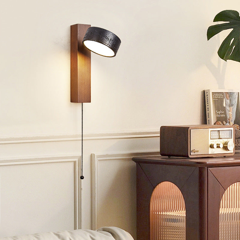 Traditional French Cylinder Wood Stone LED Wall Sconce Lamp For Living Room