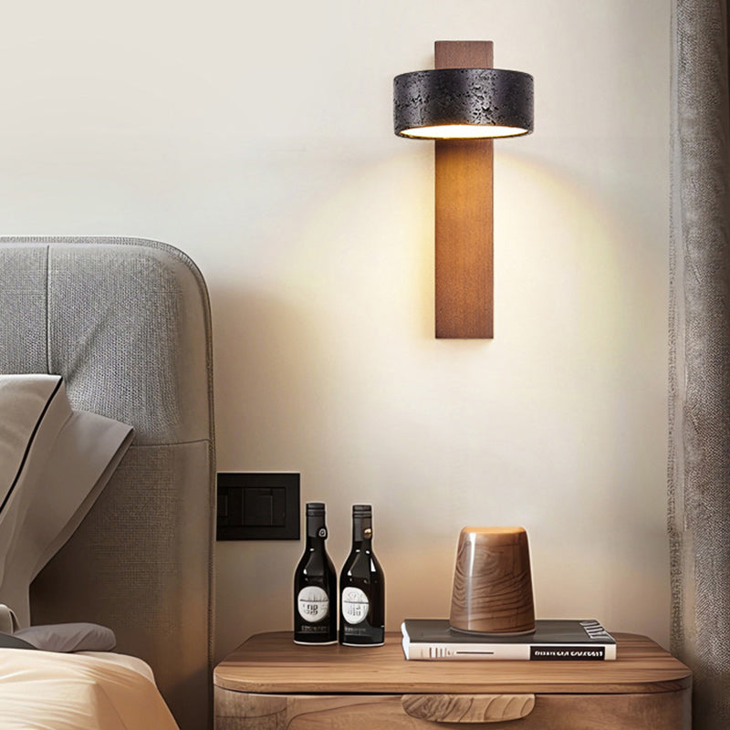 Traditional French Cylinder Wood Stone LED Wall Sconce Lamp For Living Room
