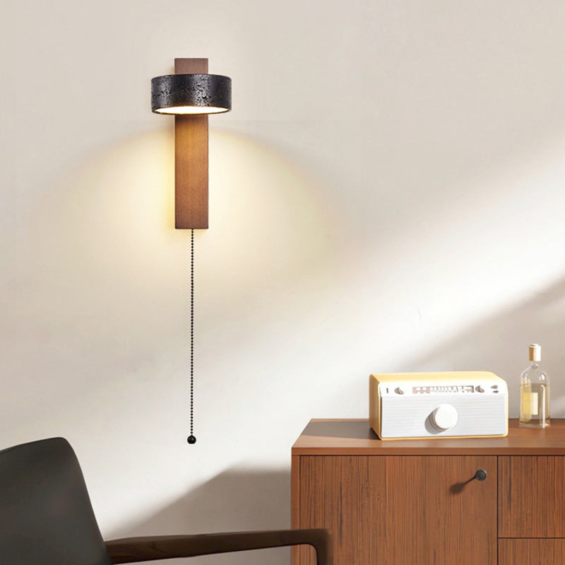 Traditional French Cylinder Wood Stone LED Wall Sconce Lamp For Living Room