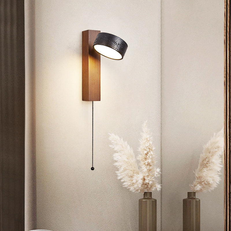 Traditional French Cylinder Wood Stone LED Wall Sconce Lamp For Living Room