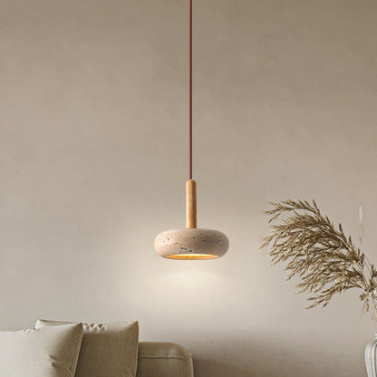 Traditional Japanese Dome Wood Stone LED Pendant Light For Living Room