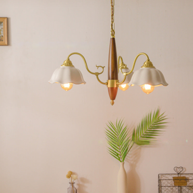 Traditional Japanese Drum Wood Copper Ceramic 3/5-Light Chandelier For Living Room