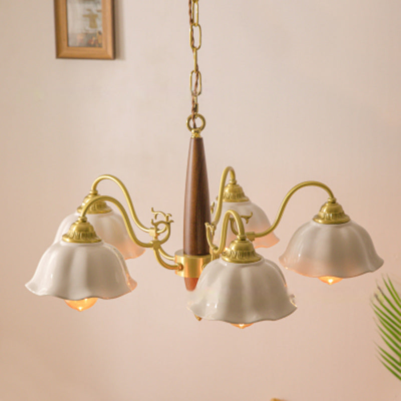Traditional Japanese Drum Wood Copper Ceramic 3/5-Light Chandelier For Living Room