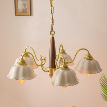 Traditional Japanese Drum Wood Copper Ceramic 3/5-Light Chandelier For Living Room
