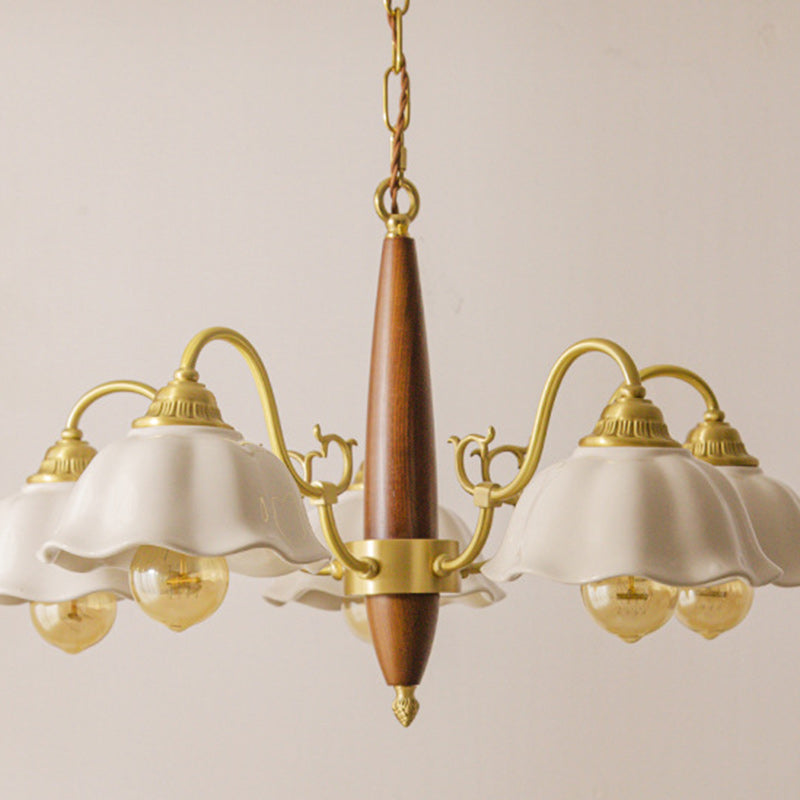 Traditional Japanese Drum Wood Copper Ceramic 3/5-Light Chandelier For Living Room